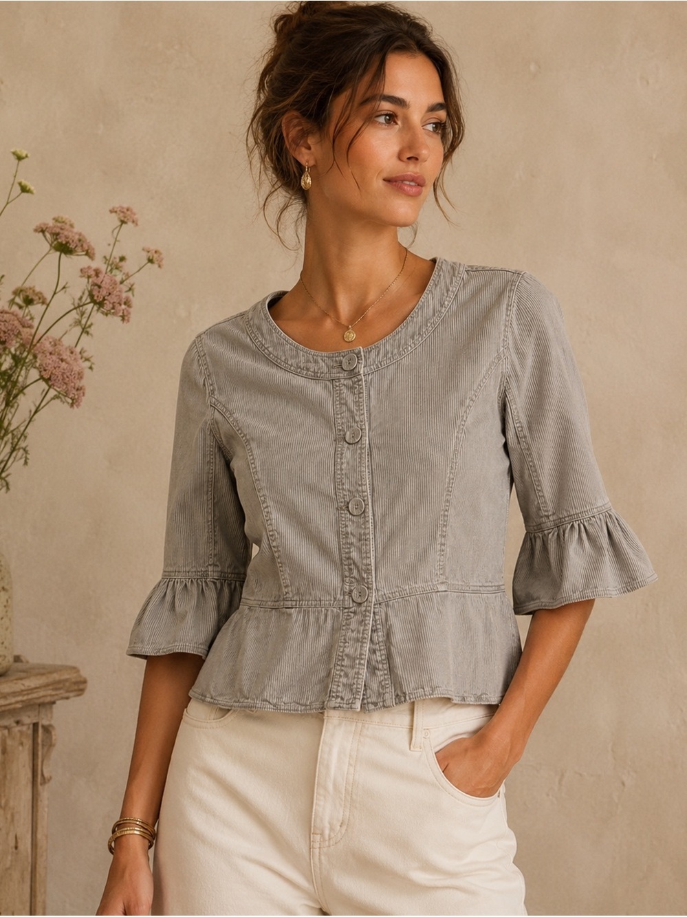 LIGHT Pinstripe Peplum Jacket Blouse Bell Sleeve Cottagecore Medium